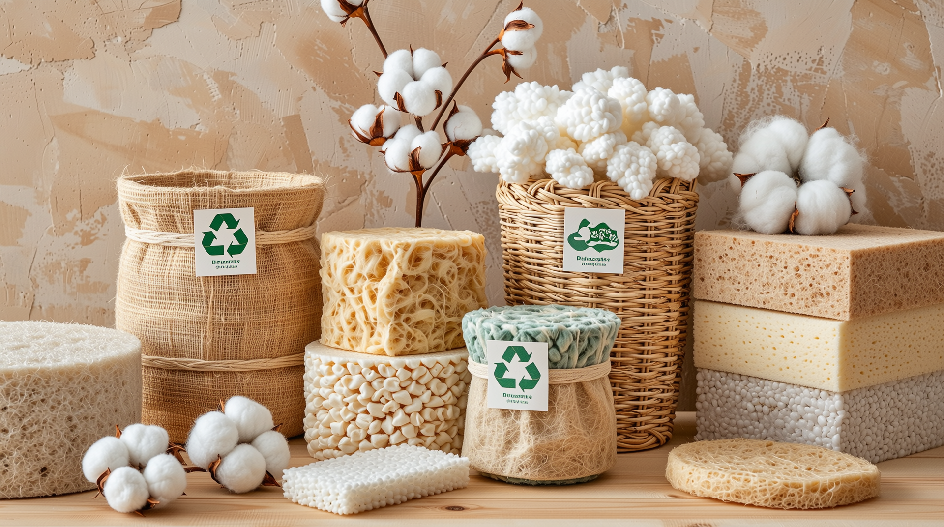 천연 섬유, 셀룰로스, 무기질, 바이오폼 등 친환경 단열재 종류와 인증 마크를 보여주는 이미지