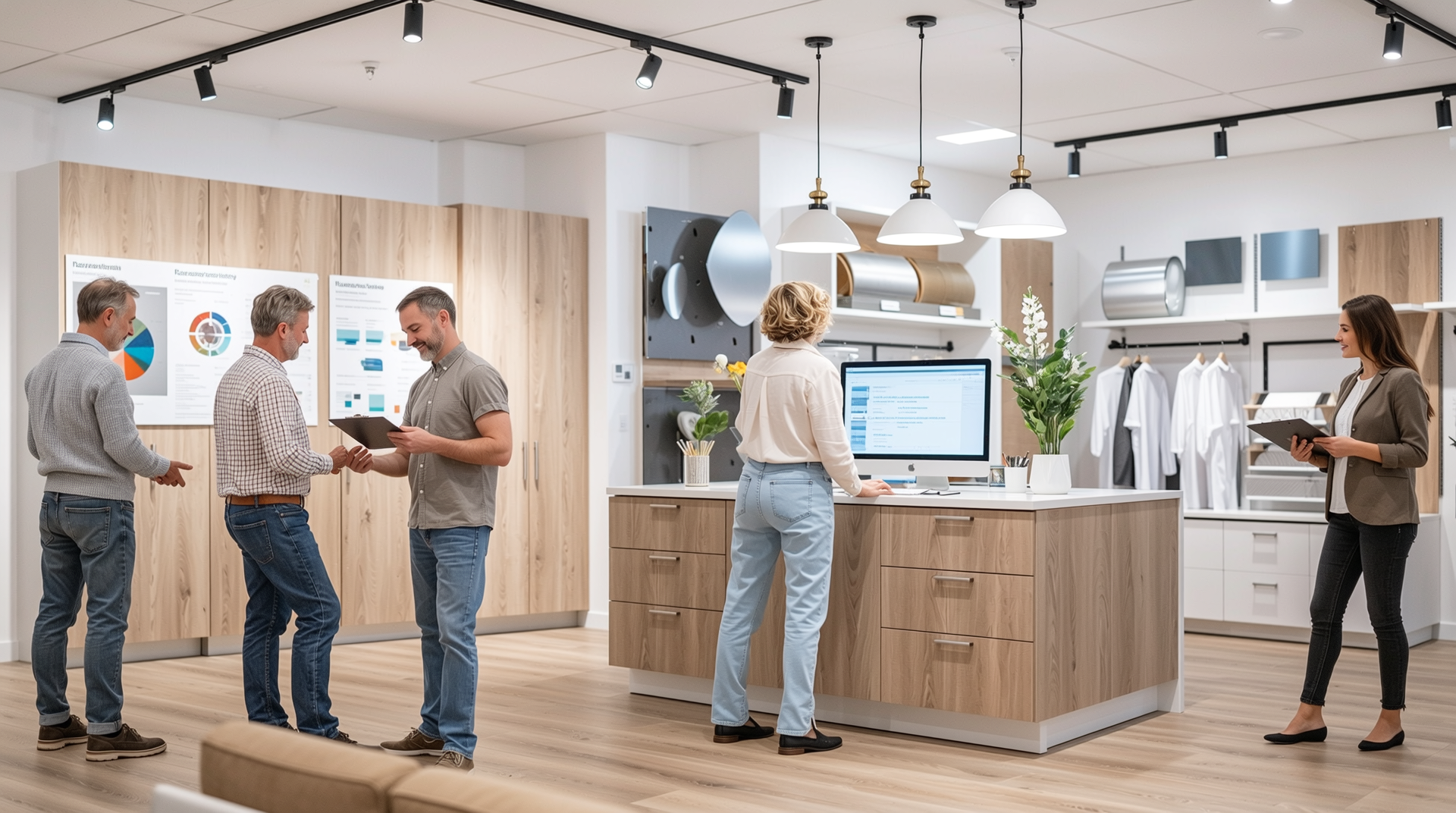 리모델링 자재에 대한 사용자 후기와 리뷰를 확인하는 현대적인 전시장 모습