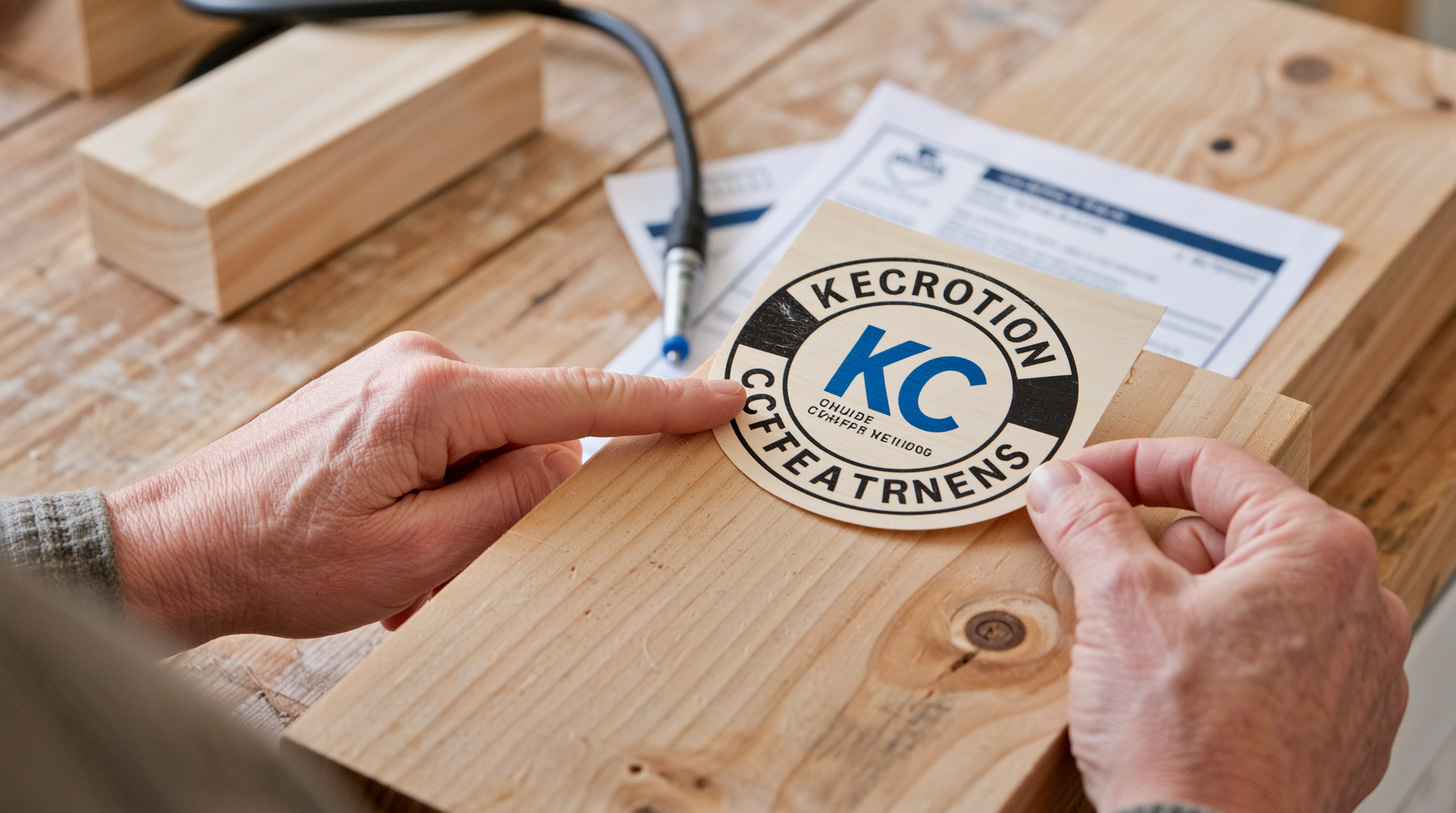 KC 인증 라벨을 확인하는 모습과 목재 안전성 및 신뢰도를 상징하는 이미지