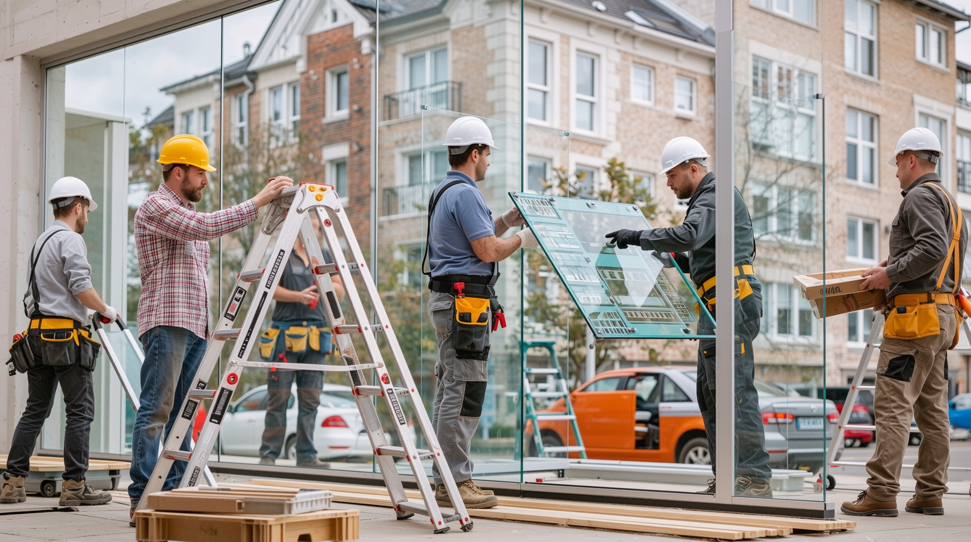 아파트 현장에서 진공유리 설치 작업 중인 모습과 비용 요소를 보여주는 사진