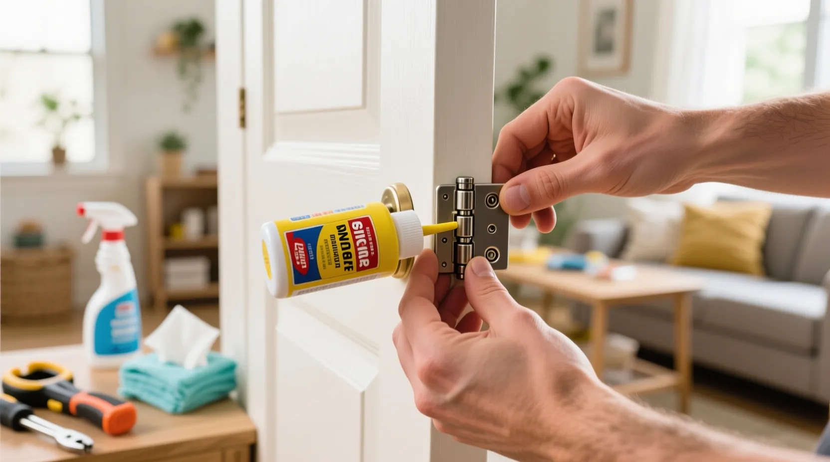 현관문 힌지에 그리스를 바르는 유지보수 작업 이미지