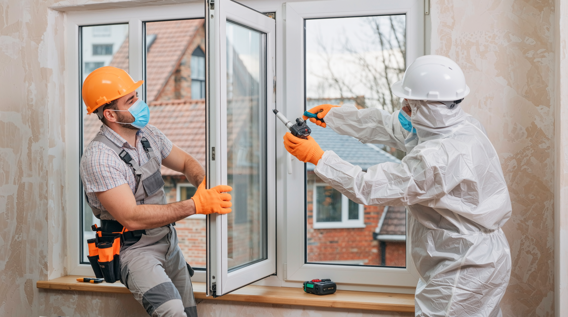 정밀한 측정과 맞춤 제작, 소음 및 분진 방지 작업을 하고 있는 창호 설치 현장