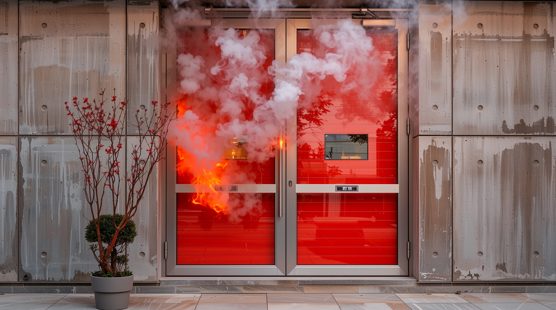 방화문이 화재 시 연기와 불길 확산을 차단하는 모습