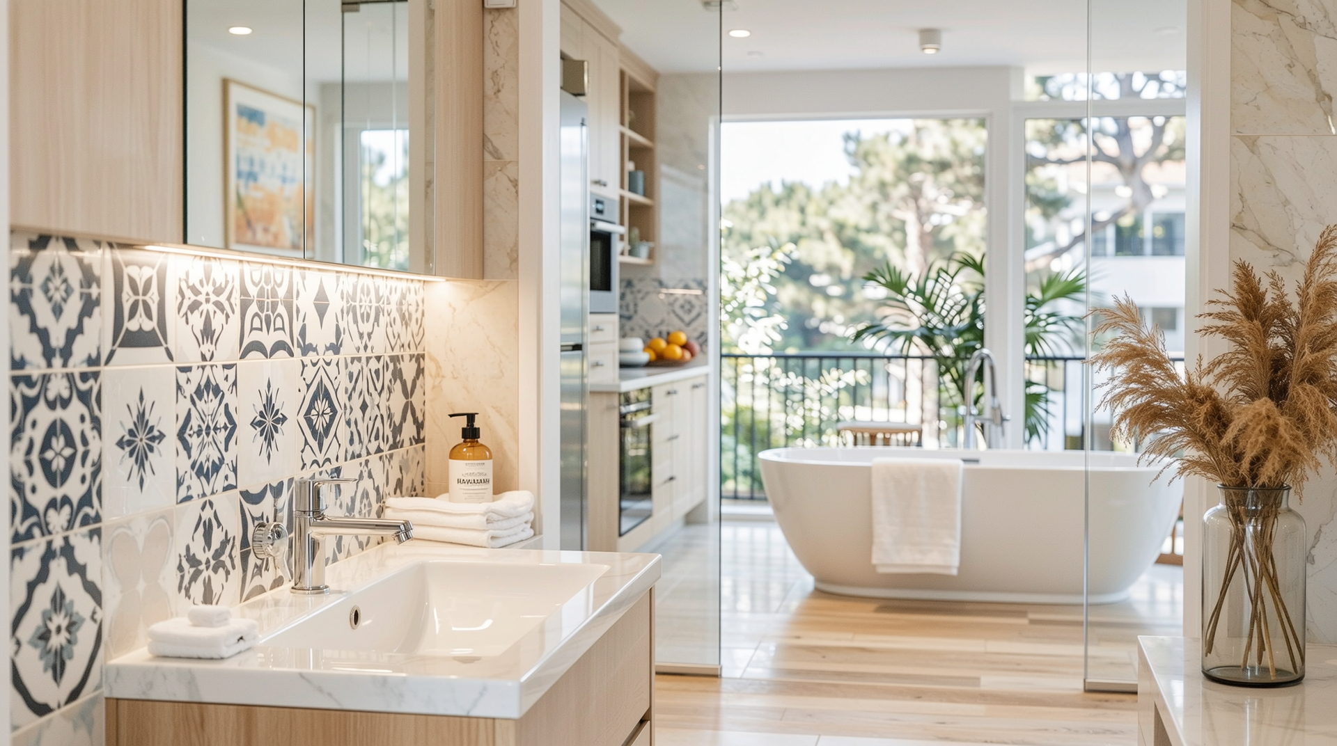 포세린 타일로 마감된 욕실과 주방, 발코니가 연결된 현대적인 실내 공간