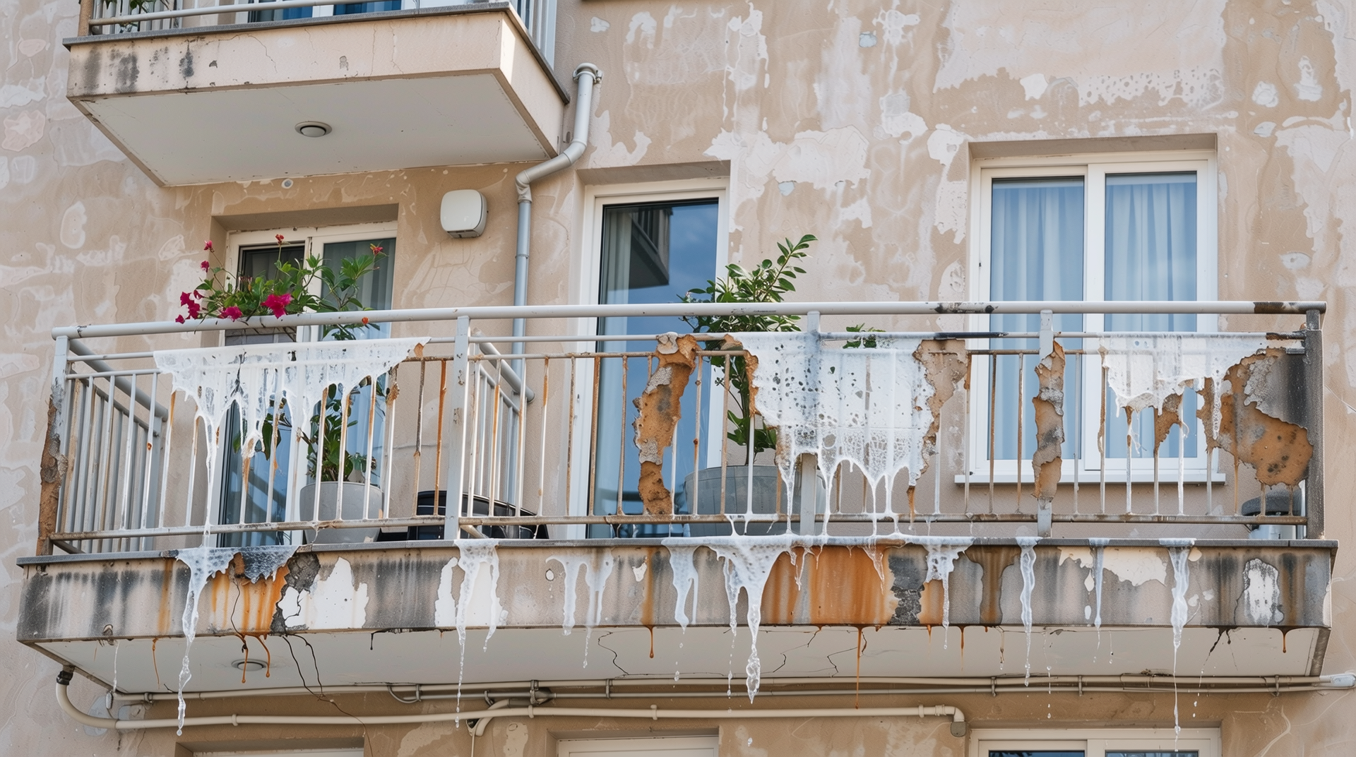 누수로 인해 곰팡이와 구조 손상이 발생한 현대 아파트 베란다 모습
