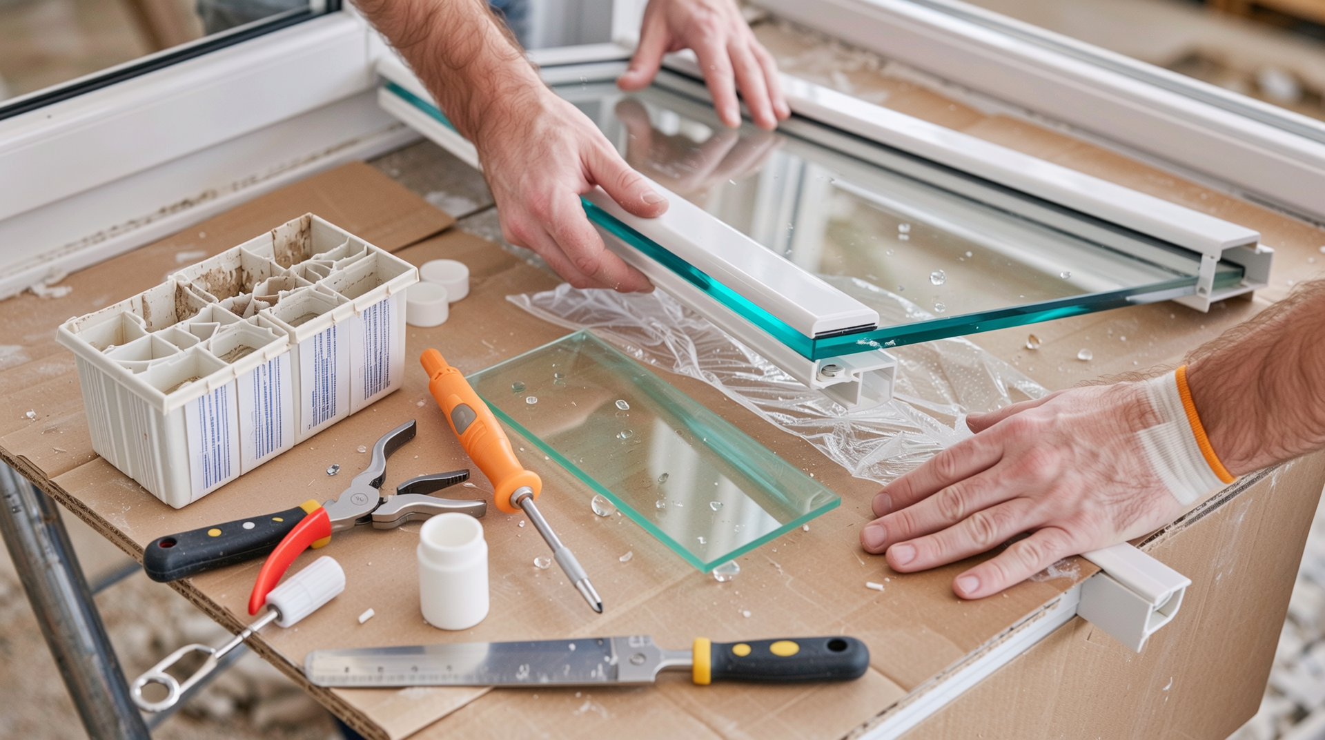 알루미늄 창호 시공 작업 현장과 다양한 자재 사용 모습
