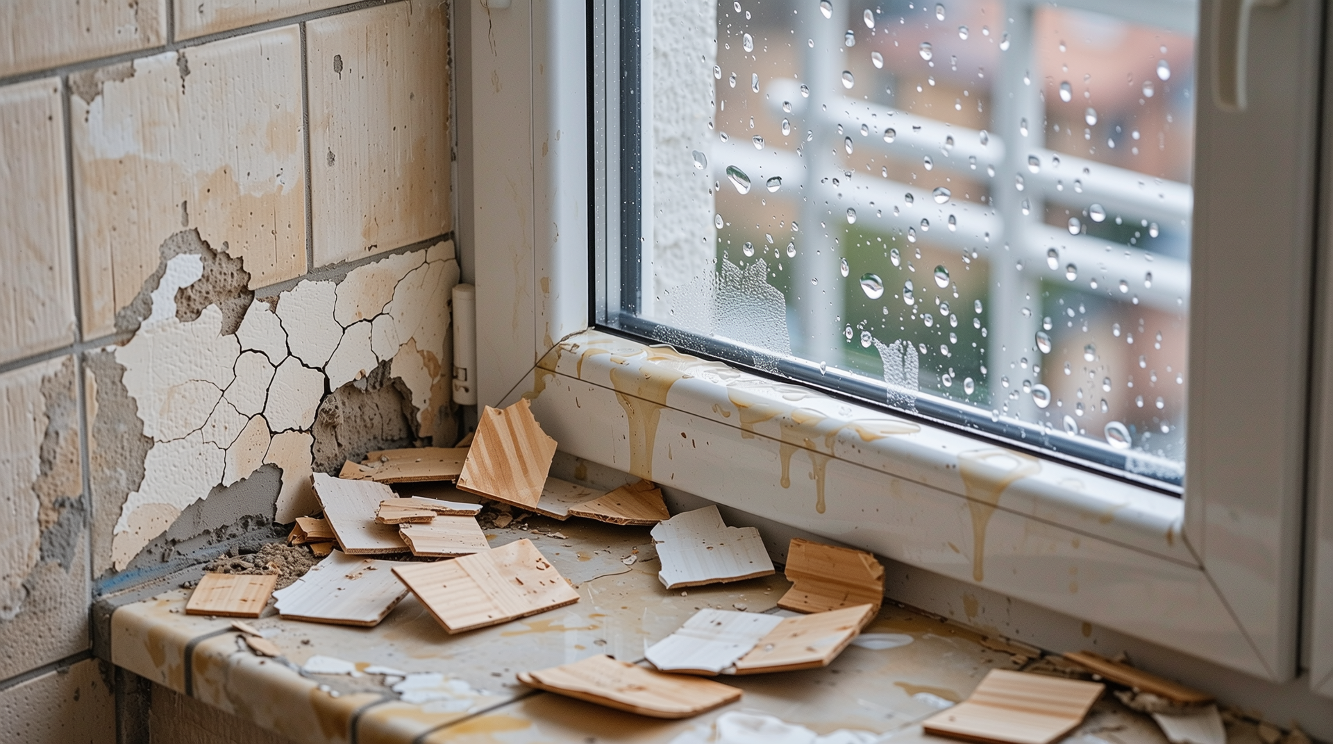 아파트 베란다 외벽 균열과 창틀 주변 방수 코킹 손상이 비가 침투하는 모습