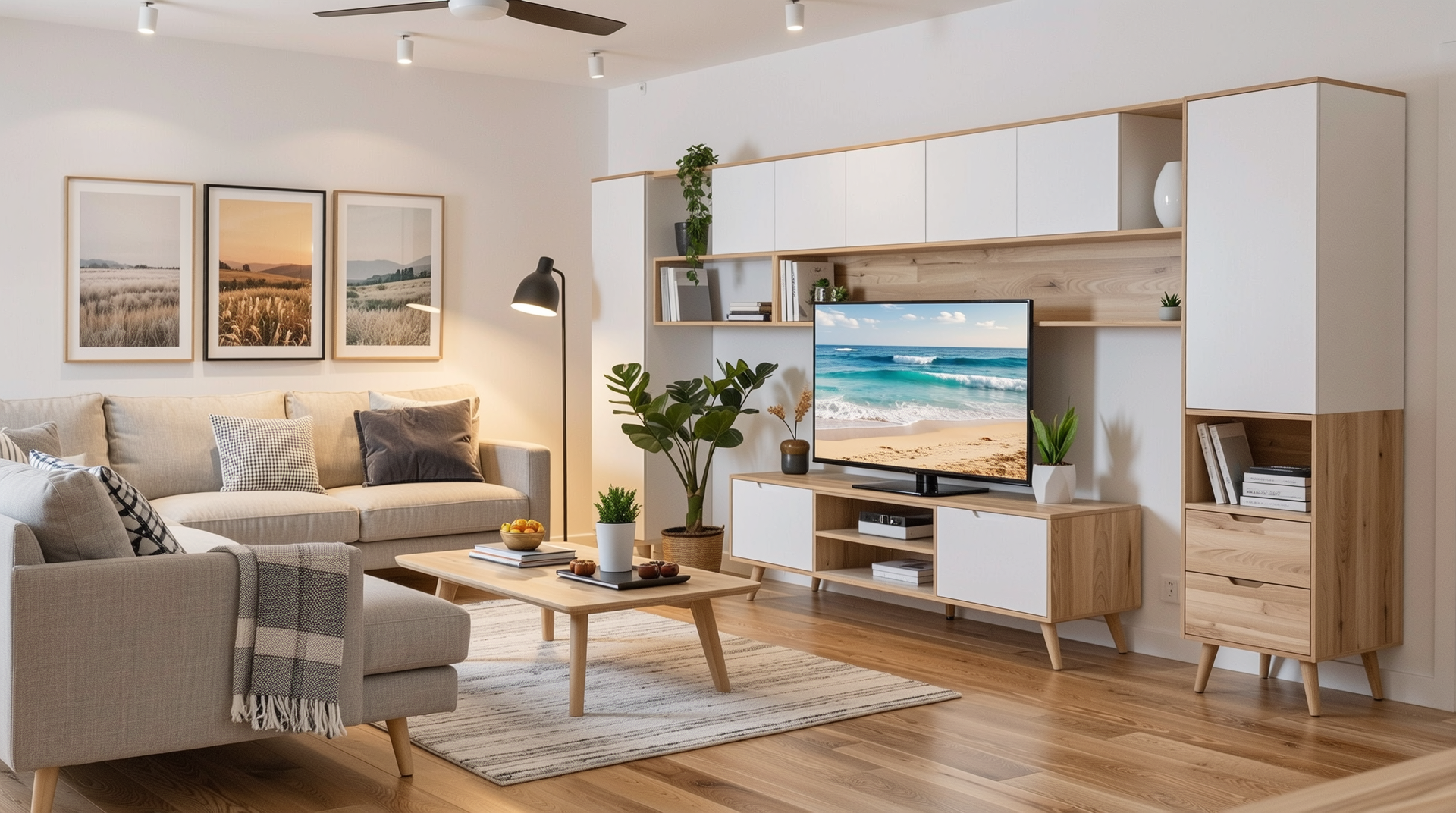 내구성, 디자인 유연성, 비용 효율성이 돋보이는 현대적 MDF 가구가 있는 거실 인테리어 이미지