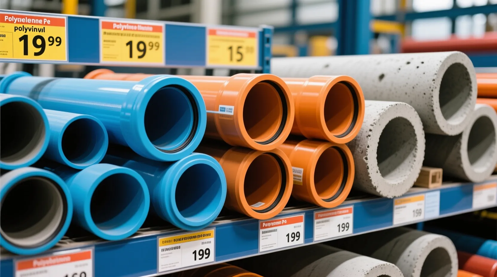 PE, PVC, PP, 콘크리트 하수관 소재별 장단점과 가격을 보여주는 다양한 소재의 하수관 사진