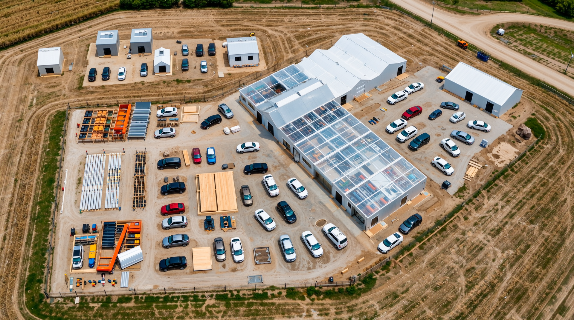 샌드위치패널 조립식 농막 설치 과정을 위에서 촬영한 경량 모듈 농막의 설치 장면