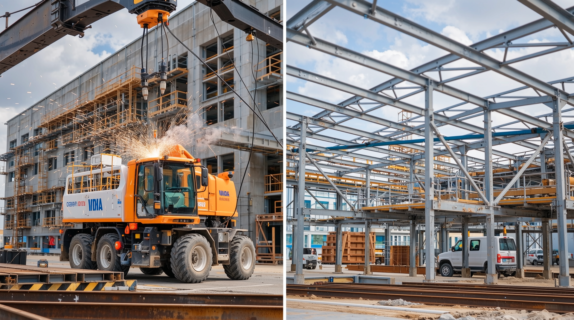 복잡한 H빔 제작 및 용접 작업과 빠른 경량 철골 조립 작업을 나란히 비교한 모습