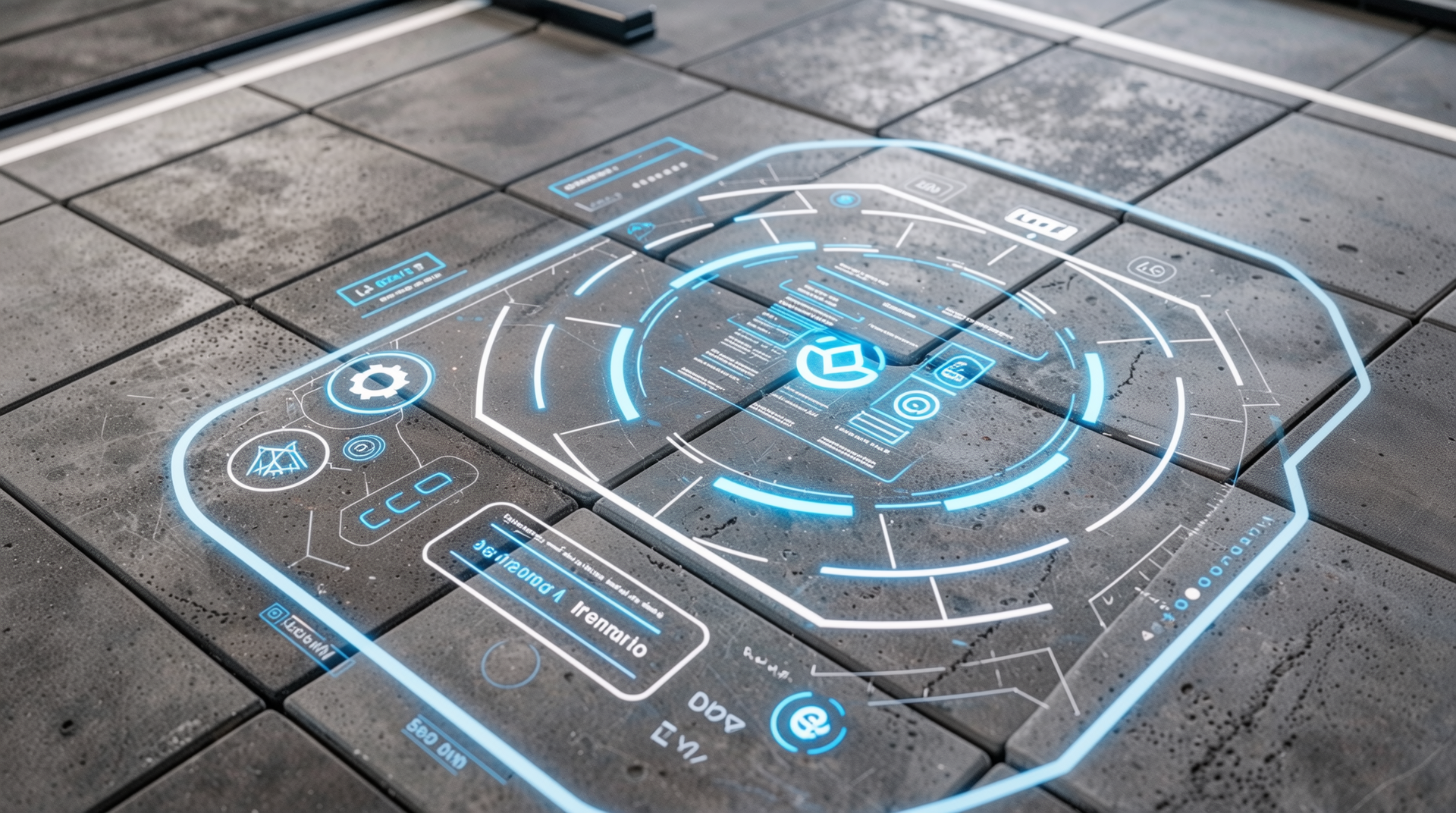 IoT와 AI 기술이 통합된 스마트 안전 바닥재와 첨단 인터페이스가 표현된 미래형 체육관 실내