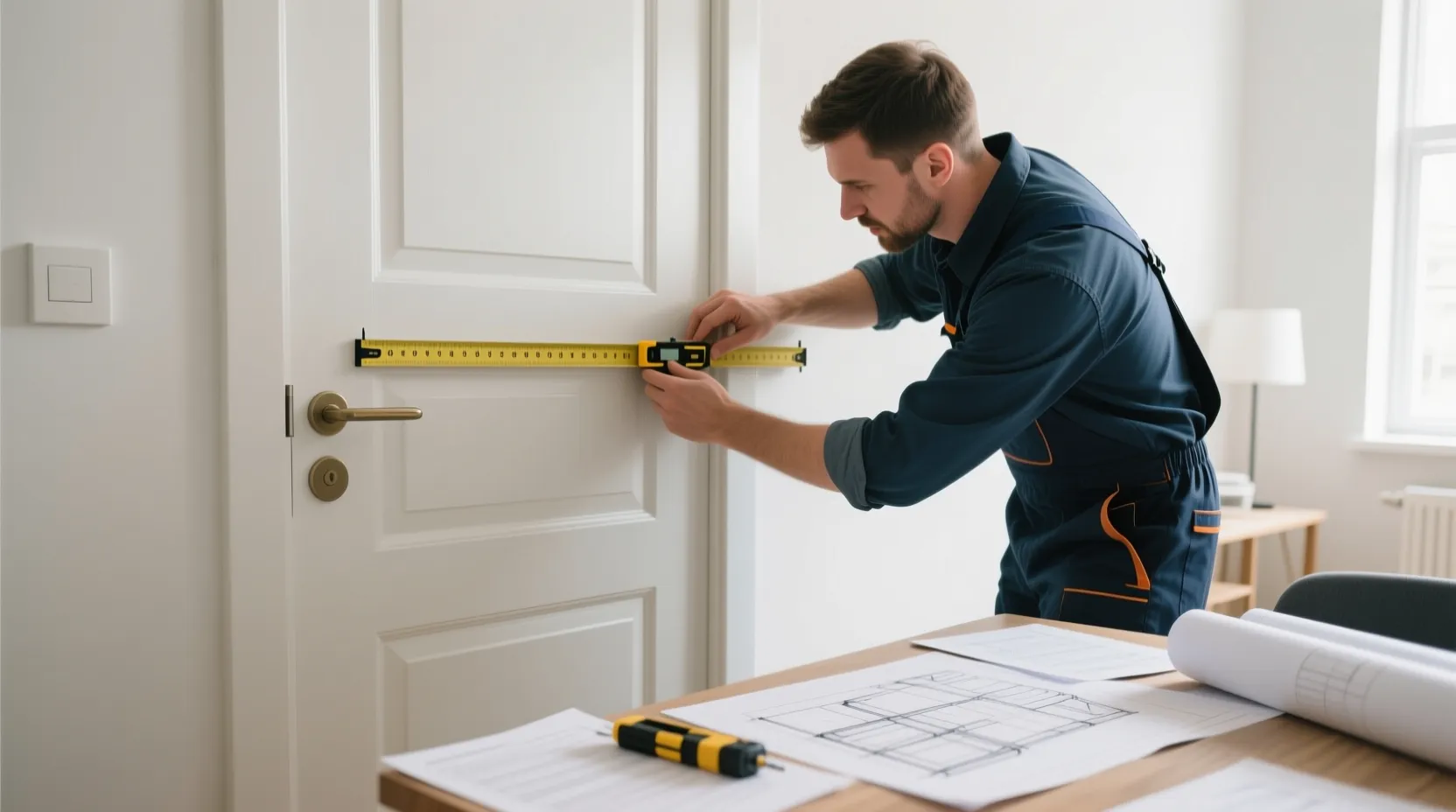 아파트 현관문 치수 측정 및 준비 작업 이미지