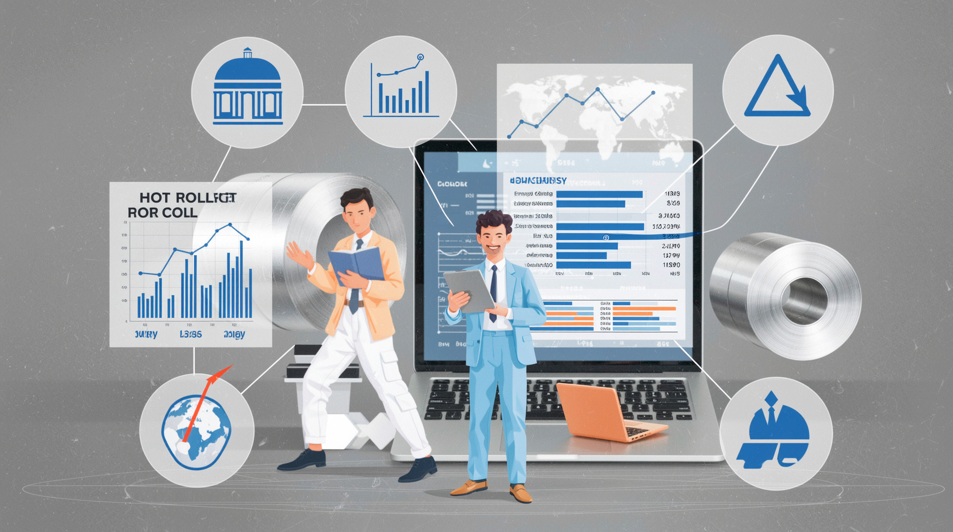 구매자, 판매자, 투자자들이 열연강판 시장 전략을 분석하는 모습을 그린 이미지