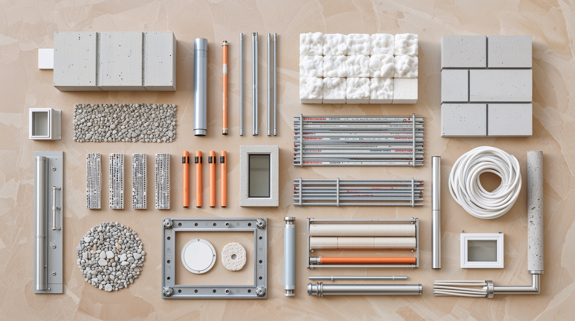 소규모 공장 건설에 사용되는 다양한 자재들의 실사 이미지