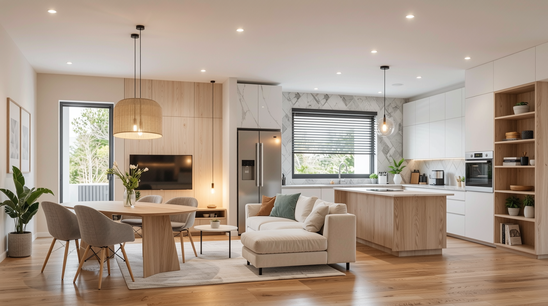 IoT와 친환경 스마트 기능이 적용된 최신 리모델링 자재가 결합된 현대적 인테리어