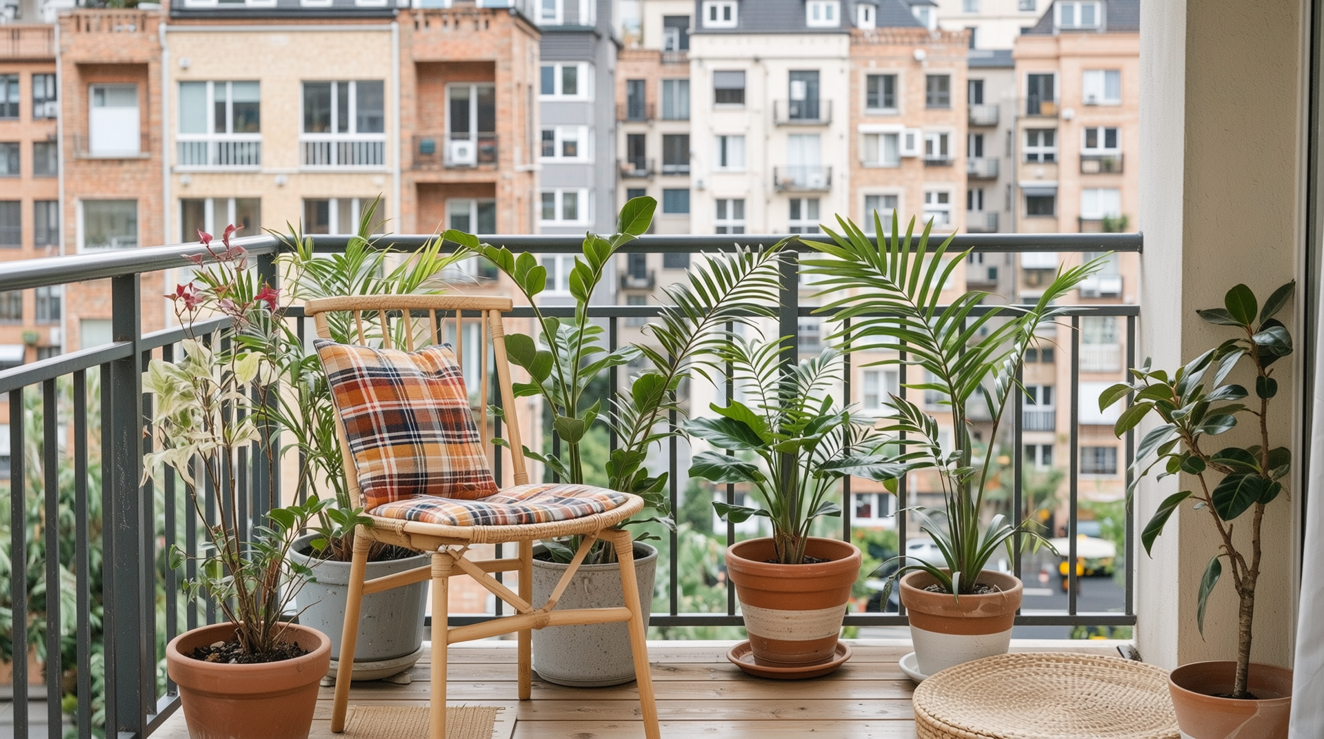 내구성 강한 외부용 방수 마감재와 자연 친화적 식물 패턴이 어우러진 발코니 공간