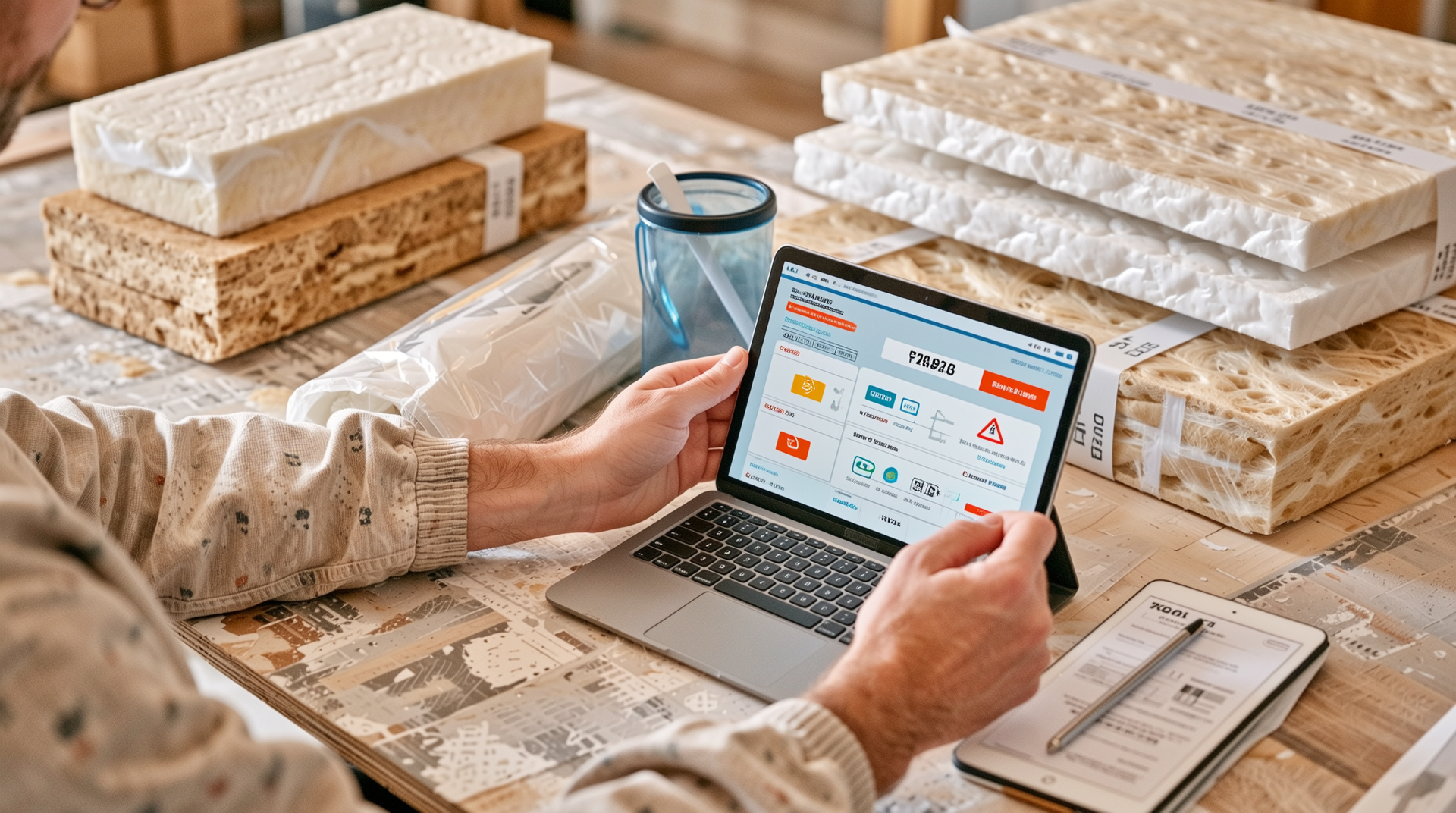 단열재 두께, 인증, 시공비 등을 고려하며 전문 견적자가 견적 산출하는 모습의 실사 이미지