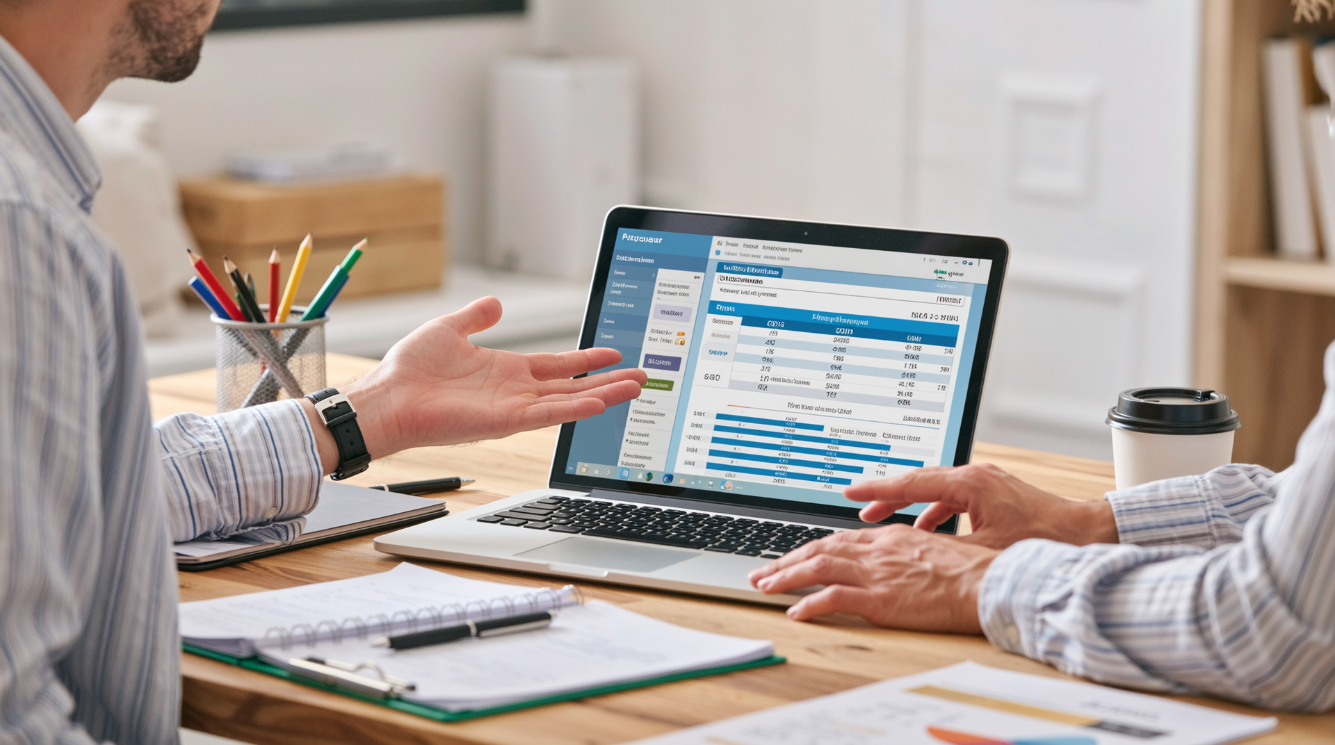 중고장비 할부 및 금융 상품 종류와 특징을 설명하는 금융 전문가와 사업자 상담 장면